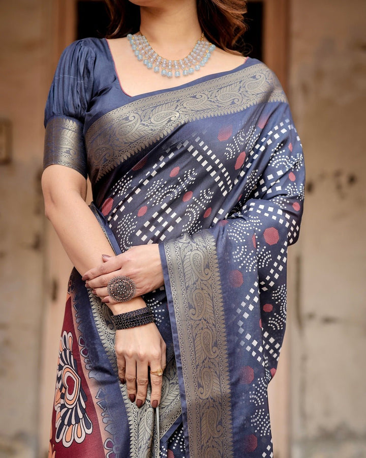 Pure Silk Digitally Printed Saree Weaved With Golden Zari Comes With Tassels - Almaari Fashion