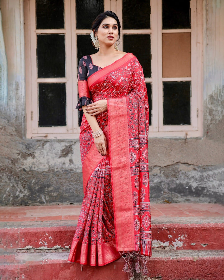 Pure Silk Digitally Printed Saree Weaved With Golden Zari Comes With Tassels - Almaari Fashion