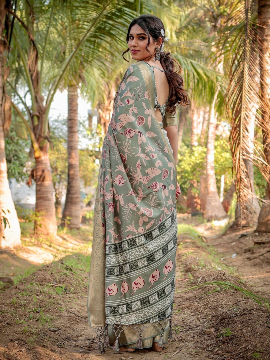 Pure Silk Digitally Printed Saree Weaved With Golden Zari Comes With Tassels - Almaari Fashion