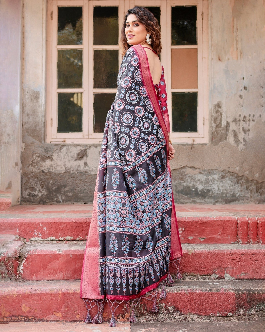 Pure Silk Digitally Printed Saree Weaved With Golden Zari Comes With Tassels - Almaari Fashion