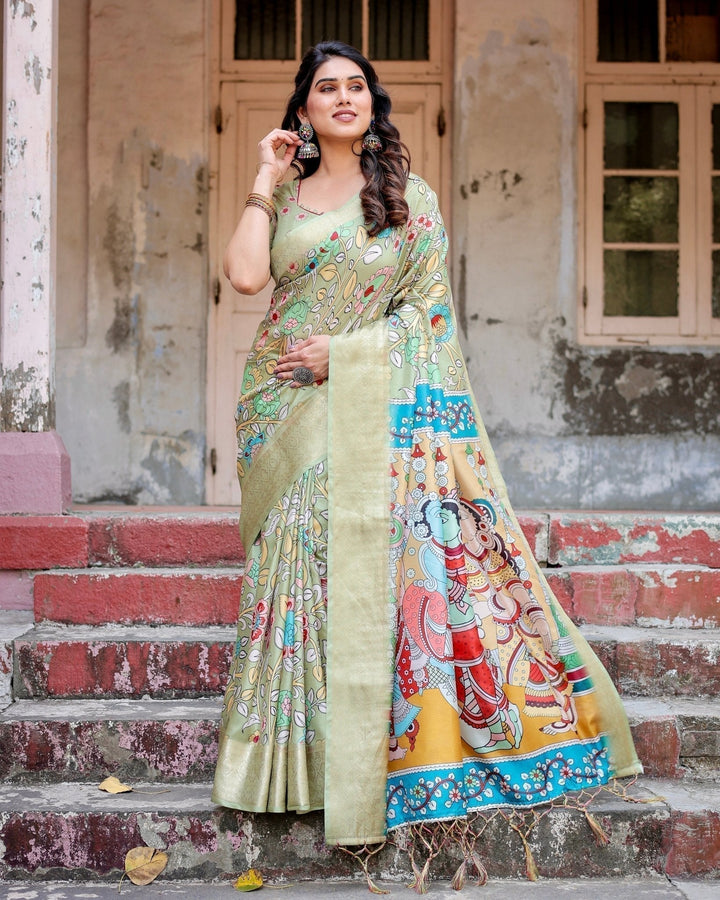 Pure Silk Digitally Printed Saree Weaved With Golden Zari Comes With Tassels - Almaari Fashion