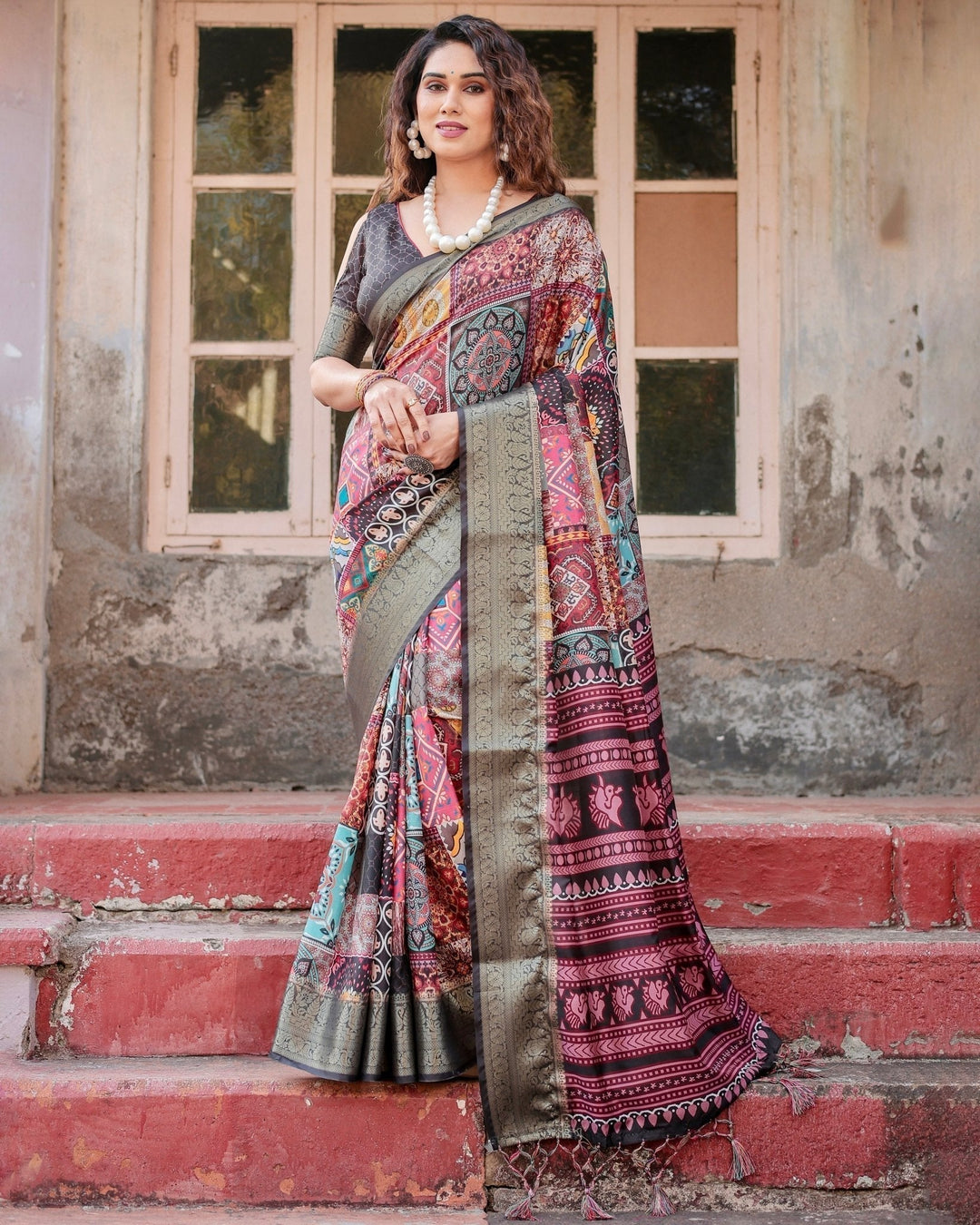 Pure Silk Digitally Printed Saree Weaved With Golden Zari Comes With Tassels - Almaari Fashion