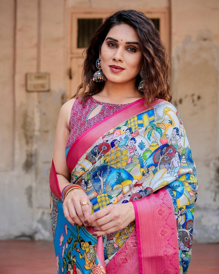 Pure Silk Digitally Printed Saree Weaved With Golden Zari Comes With Tassels - Almaari Fashion