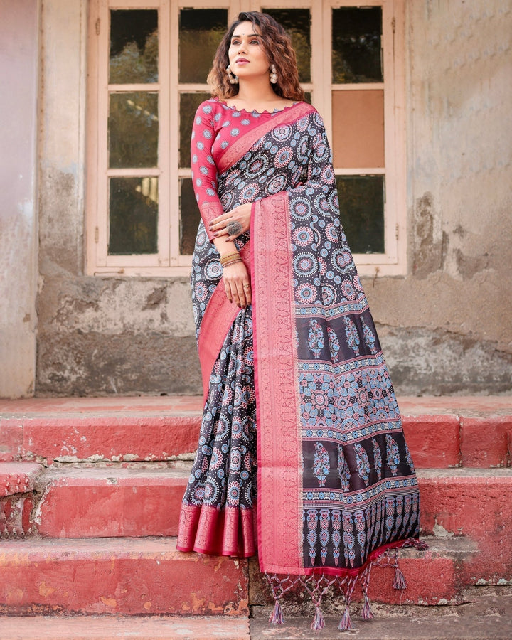 Pure Silk Digitally Printed Saree Weaved With Golden Zari Comes With Tassels - Almaari Fashion