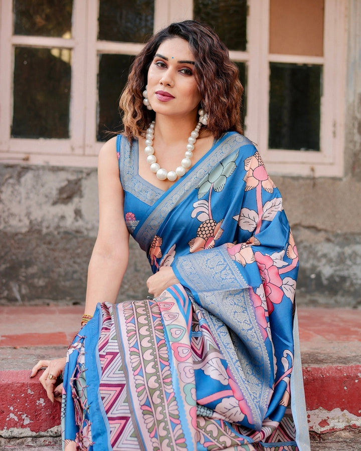 Pure Silk Digitally Printed Saree Weaved With Golden Zari Comes With Tassels - Almaari Fashion