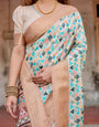 Contemporary Beige Tussar Silk Saree with Geometric Triangle Print and Golden Zari Border