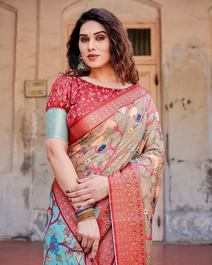 Pure Silk Digitally Printed Saree Weaved With Golden Zari Comes With Tassels - Almaari Fashion