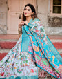 Sky Blue Tussar Silk Saree with Multicolor Floral Design and Zari Paisley Border